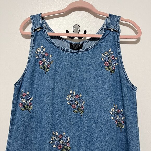 Agapo Womens Maxi Denim Jumper Dress Sz L Embroidered Floral Cottagecore Teacher - Picture 3 of 9